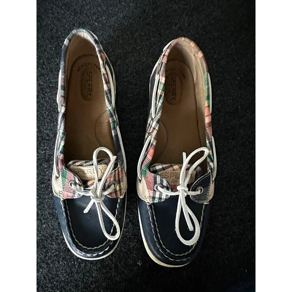 Sperry Womens Navy Tan Plaid Boat Shoes STS84939 Size 9 Memory Foam‎ Loafers